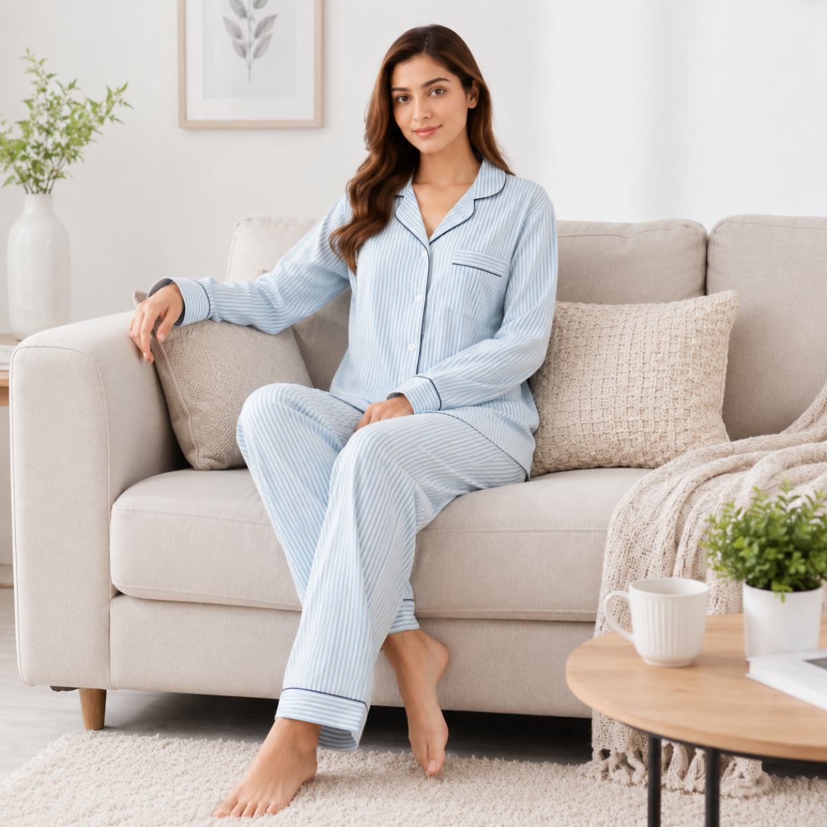Women's Light Blue Striped Cotton Button-Down Pajama Set – Soft Long Sleeve Night Suit