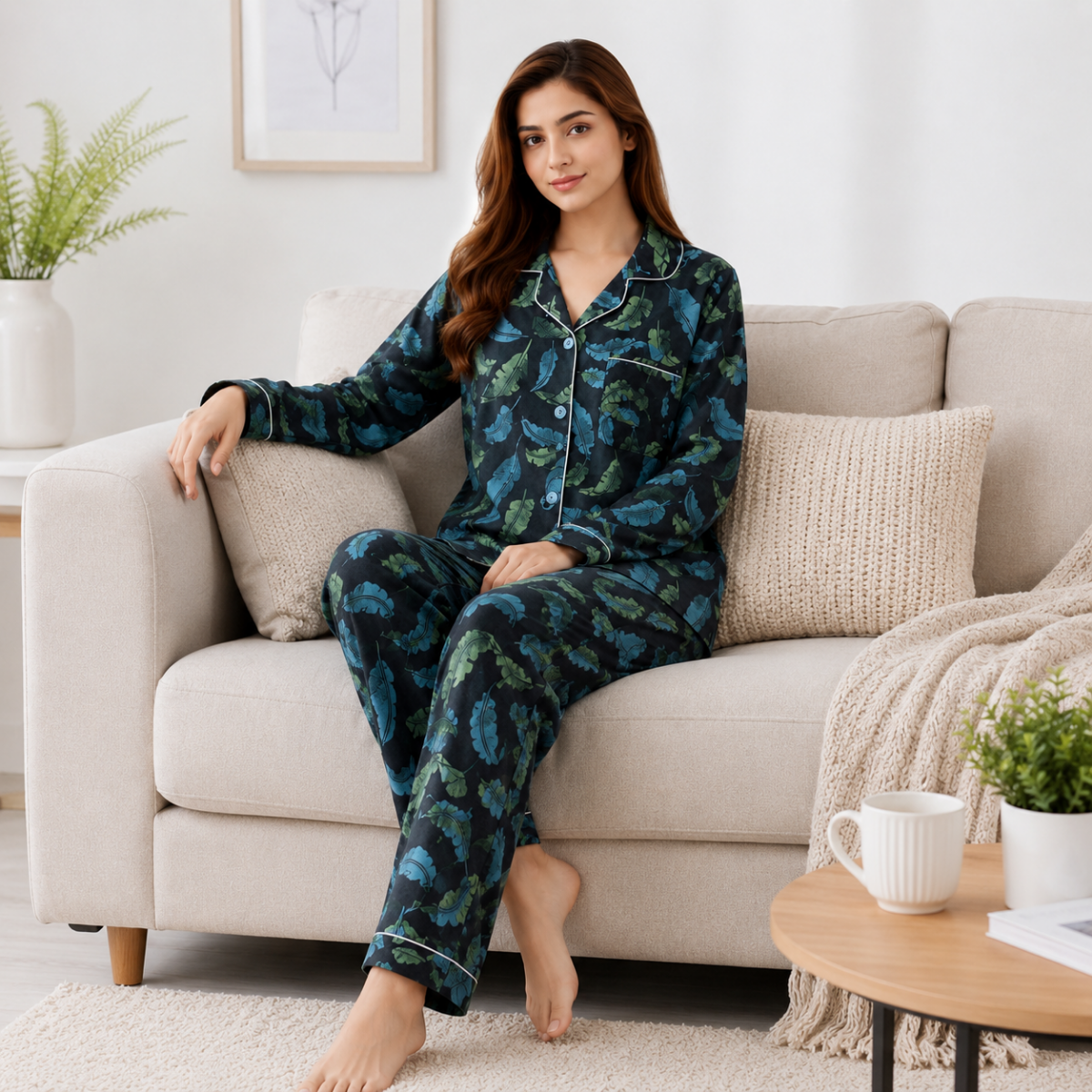 Women's Premium Cotton Button-Down Pajama Set – Black Leaf Print Long Sleeve Night Suit