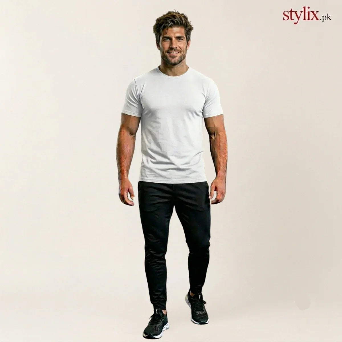 Men’s White Performance T-Shirt with Black Joggers | Gym & Casual Activewear Set