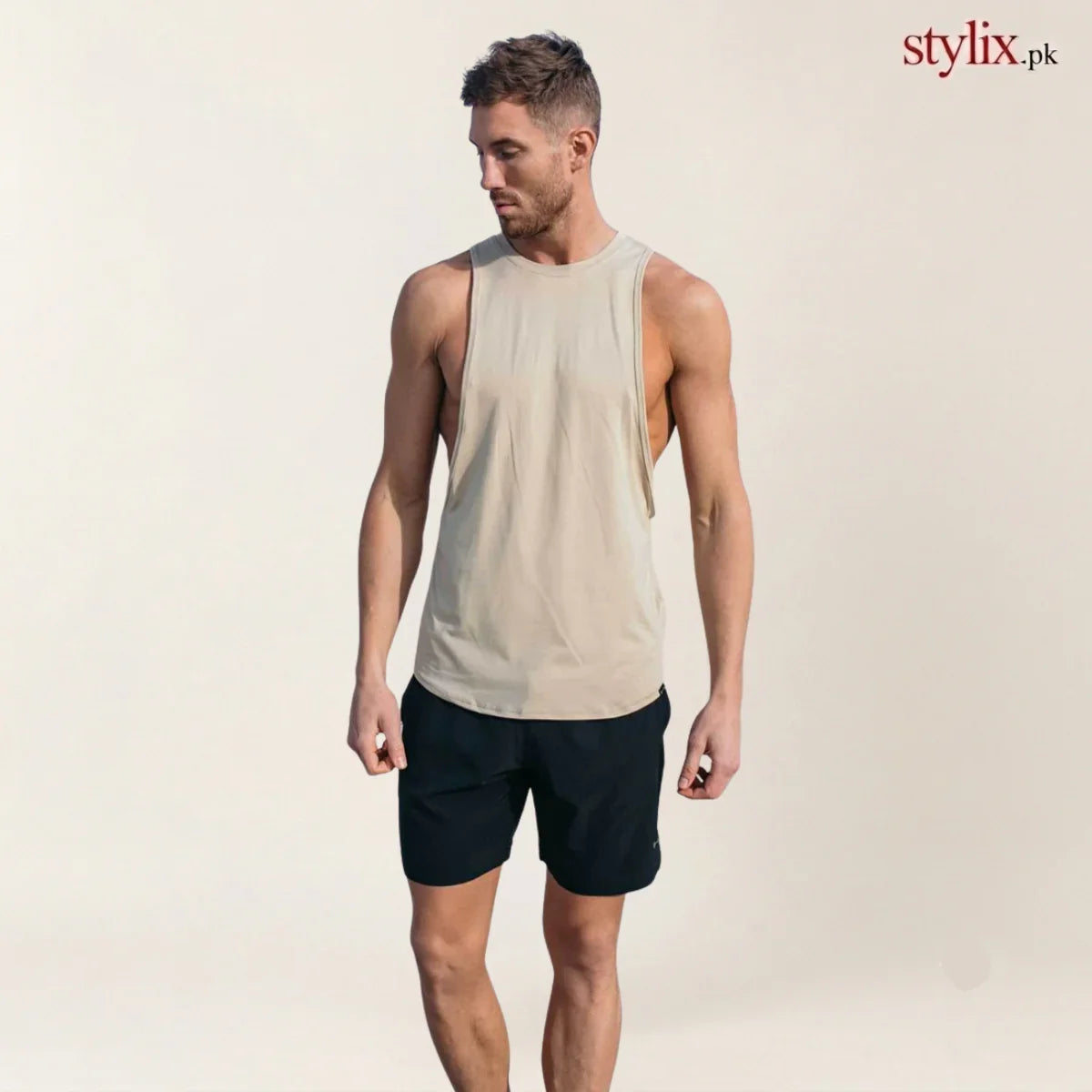 Men’s Beige Sleeveless Gym Tank Top | Lightweight Workout & Fitness Vest