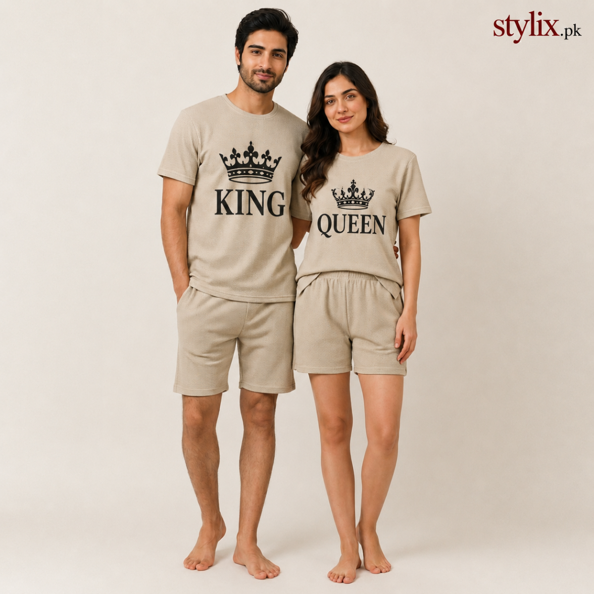 King & Queen Couple Matching Short Set – Cream