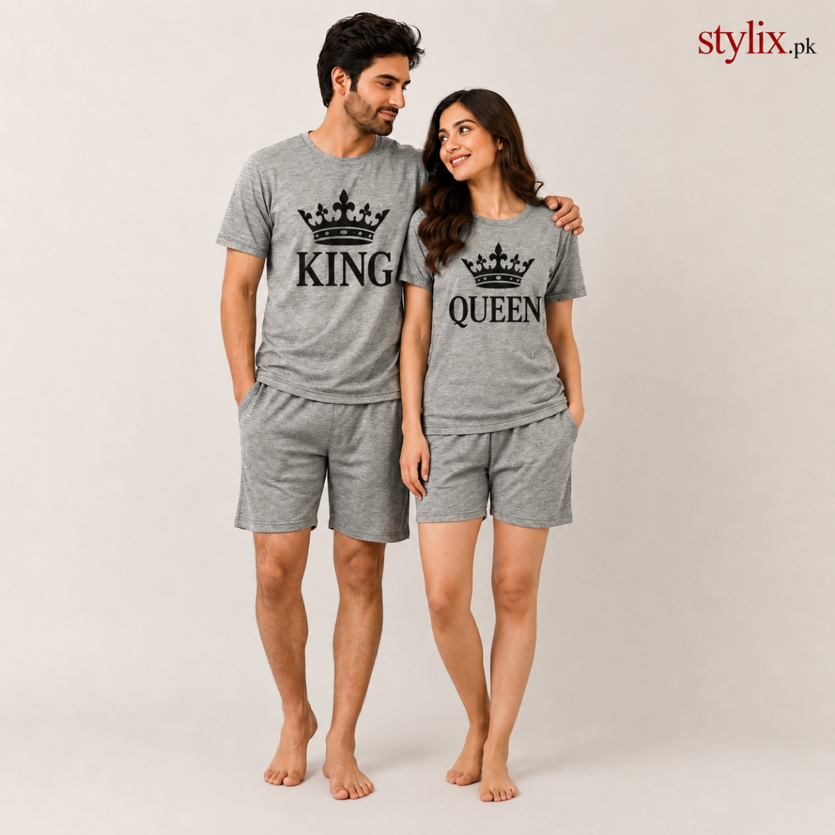 King & Queen Couple Matching Short Set – Grey Melange