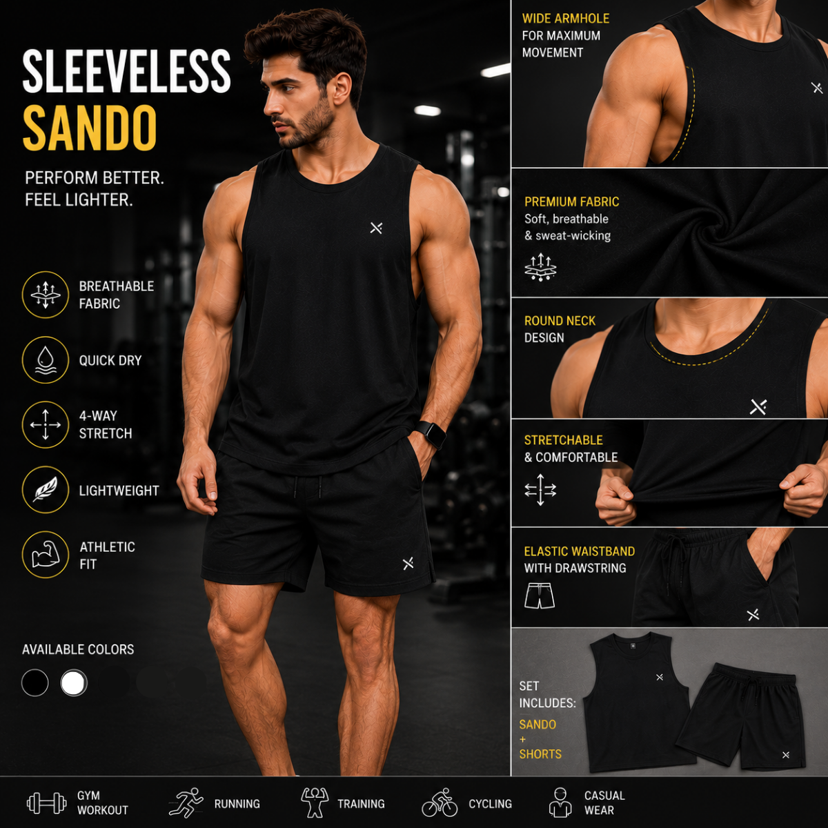 Premium Sleeveless Sando & Shorts Set – Black Men’s Gym Wear