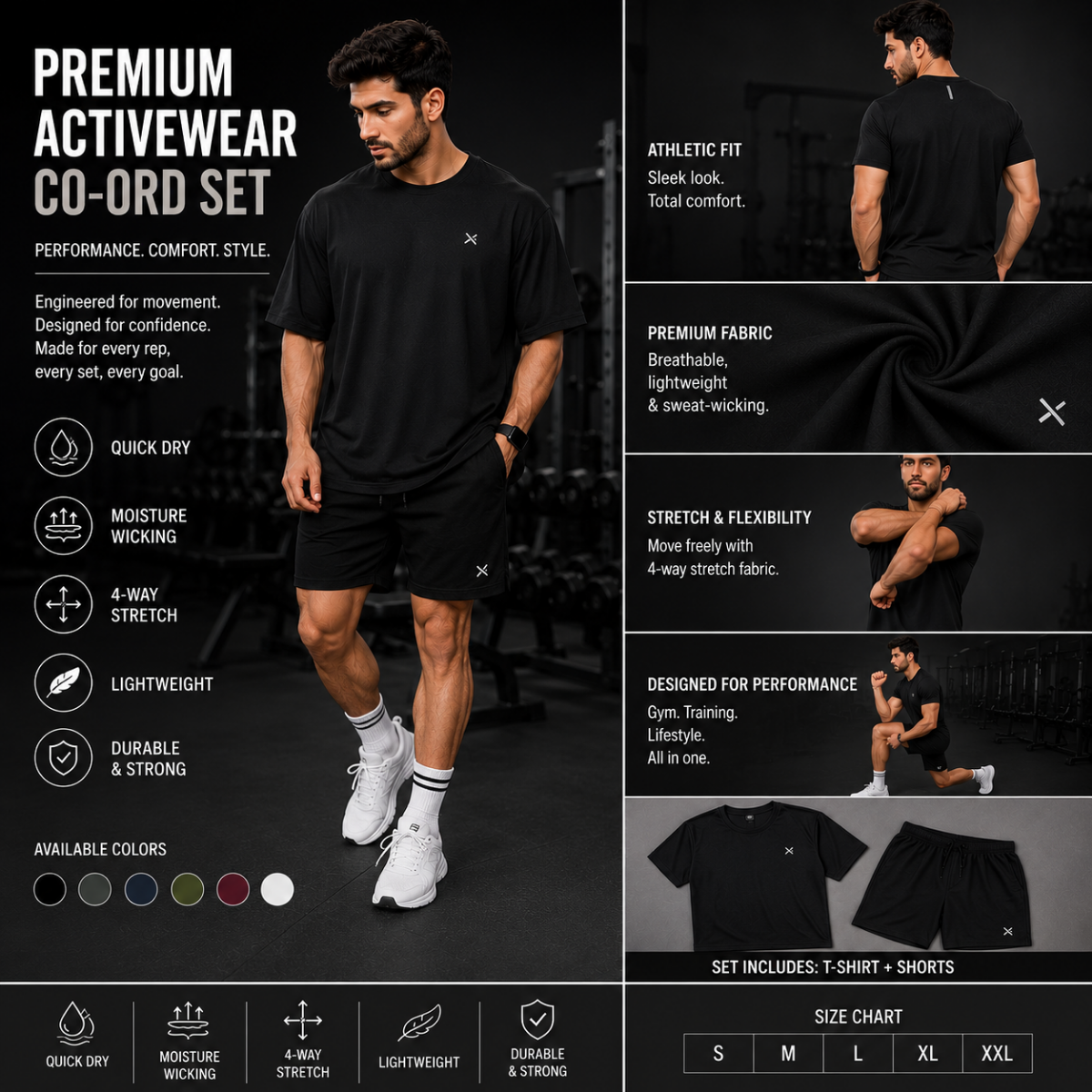Black Activewear Co-Ord Set for Men | Quick-Dry Gym T-Shirt & Shorts