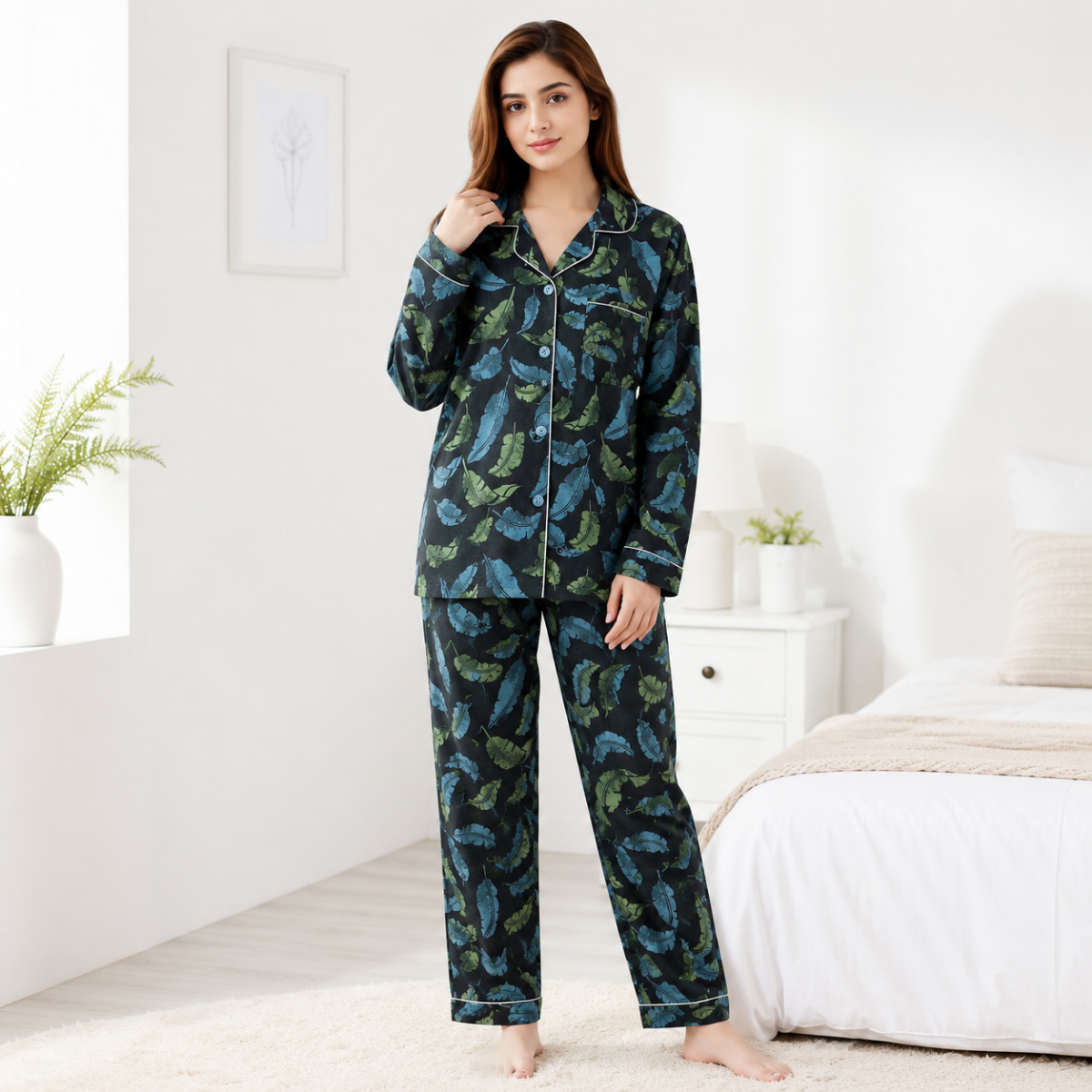 Women's Premium Cotton Button-Down Pajama Set – Black Leaf Print Long Sleeve Night Suit